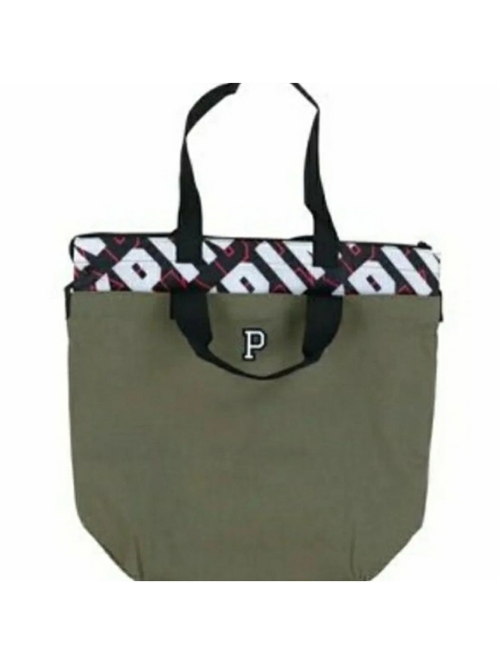 NWT. Olive Green Tote Bag with 'P' Patch and printed inner cooler